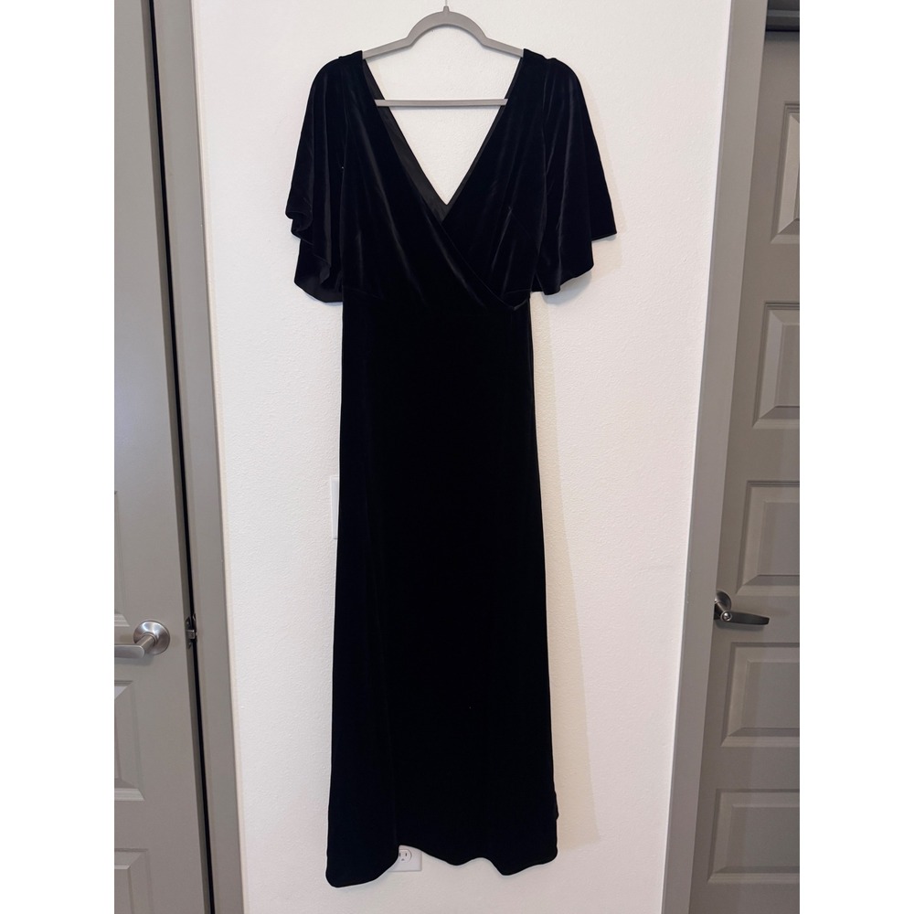Jenny Yoo Black Velvet V-Neck Flutter Sleeve Maxi Dress Gown Size 10 p3